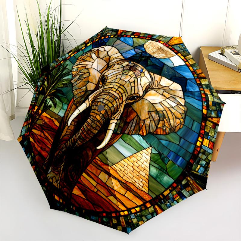 0106 Parasol automatycznie składany, wzór Słoń w oknie szklanym, przenośny i składany design, 8 żeber, prezent na Boże Narodzenie lub urodziny.