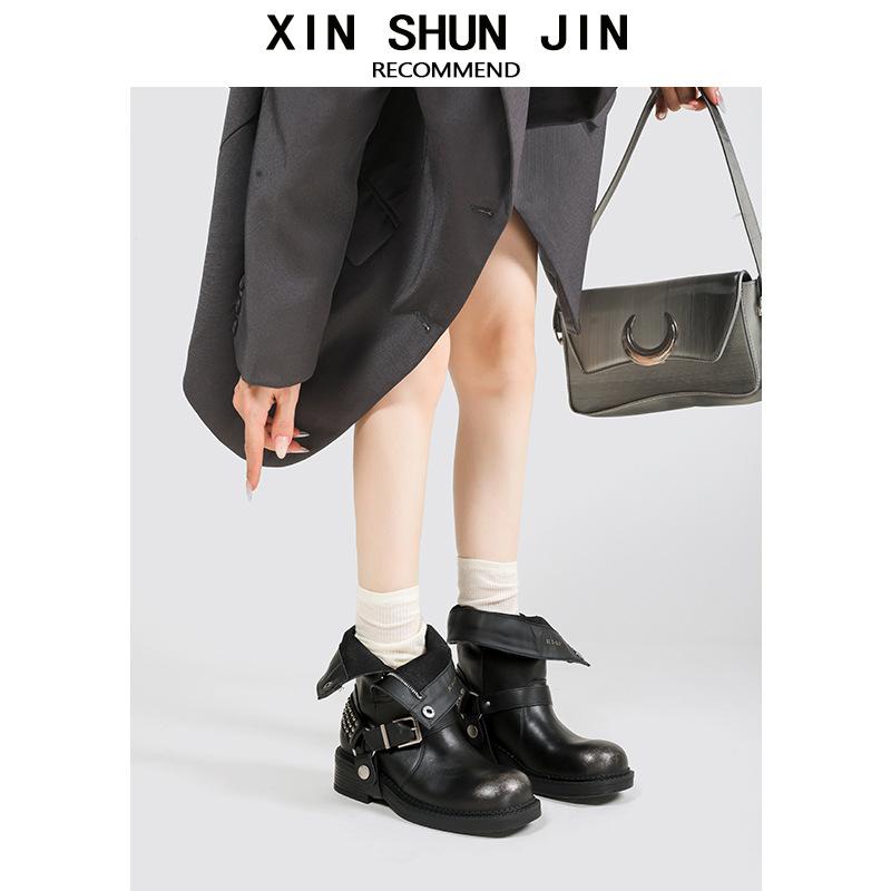 Polished Coarse Heel Martin Boots Locomotive Style Black Simple Knight Boots Round Head Thick Sole Heightening Sleeve Female
