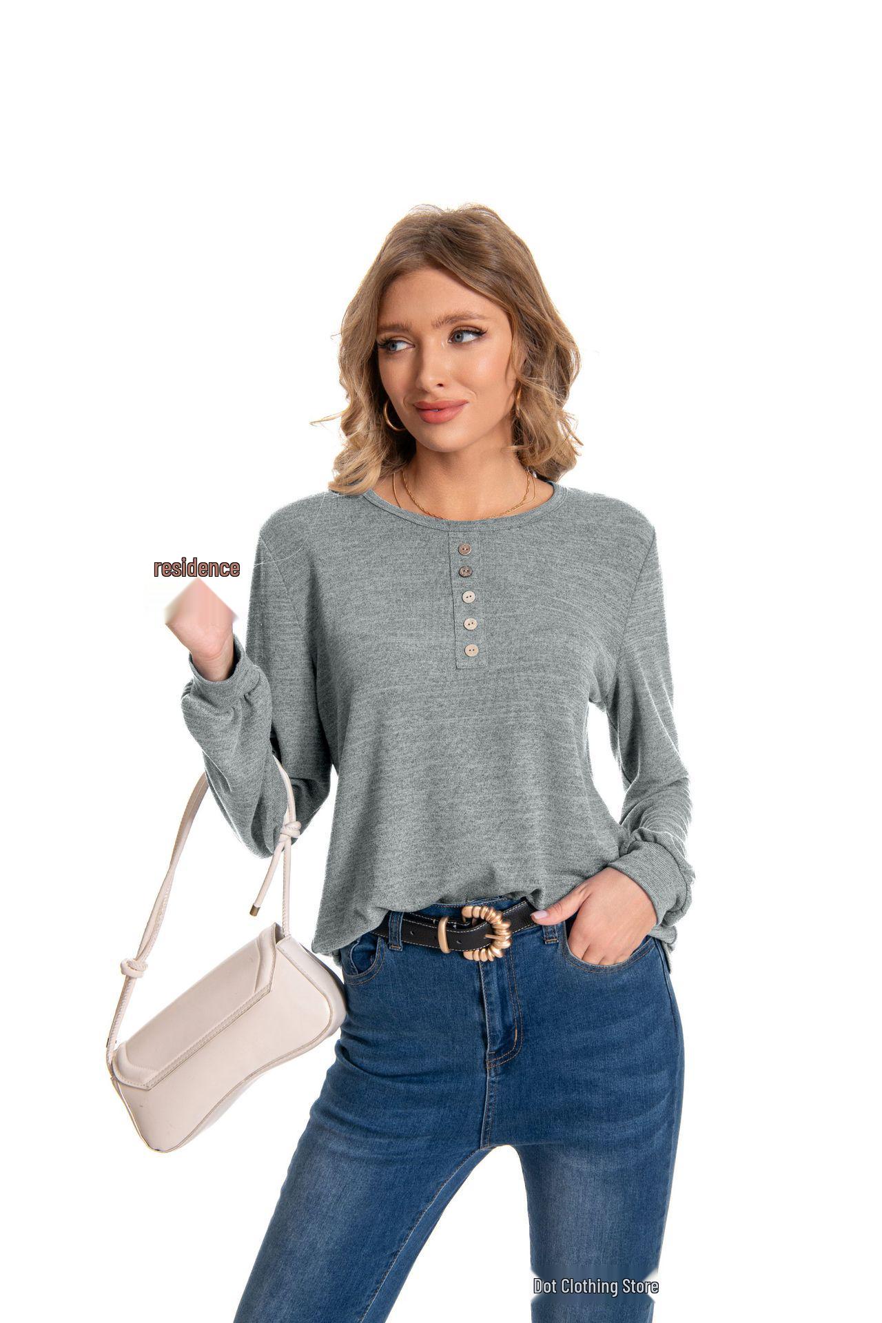 2024 New Autumn/Winter Buttoned European and American Long-Sleeve Round Neck Women s Top XXL серый