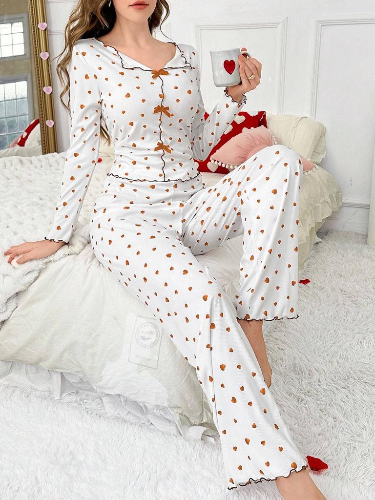 European and American Style Women's Spring and Autumn Heart Print Pajama Set Turn-Down Collar Long Sleeve Top and Long Pants 2 Piece Loungewear