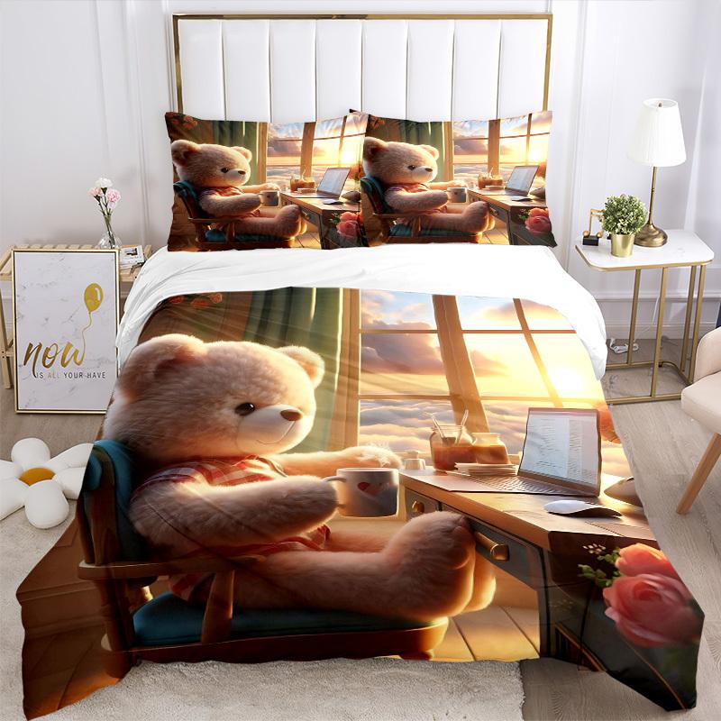 3-teiliges Anime-Teddybär-Bettwäscheset - Enthält einen Bettbezug und zwei Kissenbezüge (Kein Kern) - Perfekt für Schlafzimmer- und Gästezimmerdekoration,