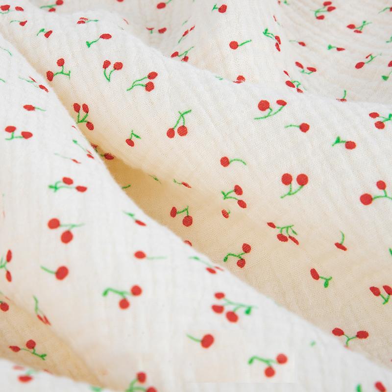 0.5m/1m/2m Soft Cartoon Cherry Print Double Crepe Gauze Fabric 100% Cotton Fabric DIY Sewing Clothing Baby Breathable Texture