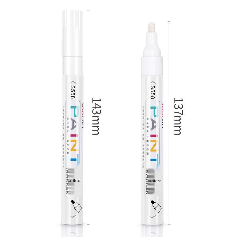 Deli S558 White Paint Pen: Waterproof, Oil-proof, Colorfast Tire and Touch-up Marker for Gold Lettering.