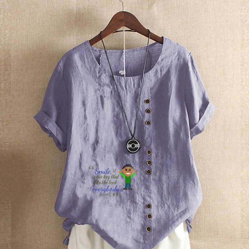 Damenmode Rundhals Kurzarm T-Shirt Lässiges Baumwollleinen Grafikhemd Freizeit Lose Buchstaben Gedruckt Sommer Bluse Tops