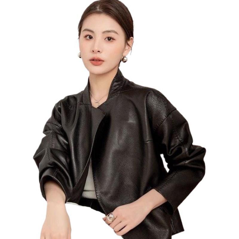 Womens Short Faux Leather Jacket Stand Collar Slim Fit Chic Vintage Style Fall Outerwear
