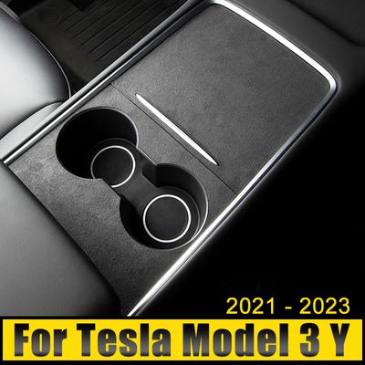 Copertura Decorativa in Pelle Scamosciata per Portabicchieri Centrale Anteriore Auto, Tappetino Decorativo Adesivo per Tesla Model 3 Y 2021 2022 2023