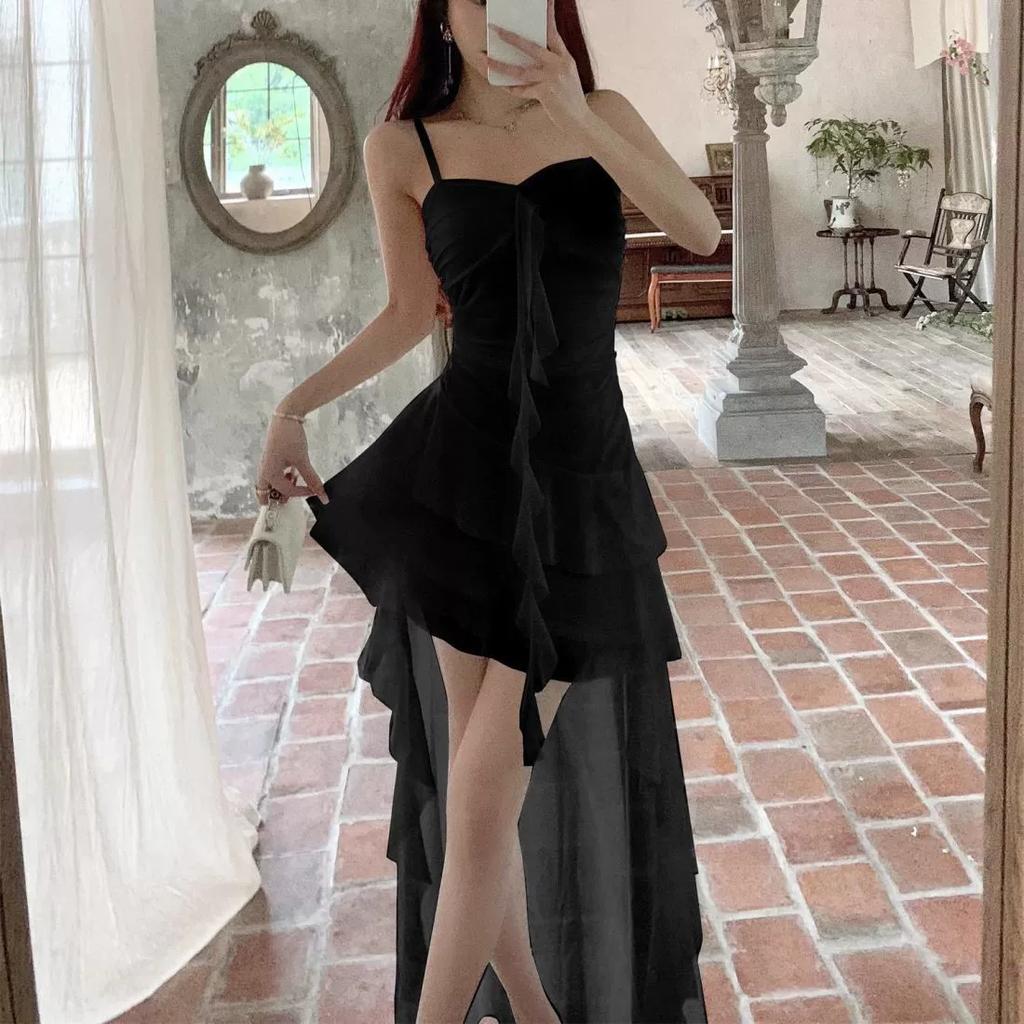 Sexy Spaghetti Strap Ruffle Irregular Bodycon Party Club Evening Dress Women Mesh Suspender Spring Summer Holiday Beach