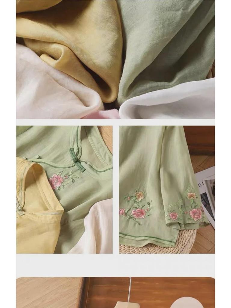 Women's Ethnic Cotton Embroidered Top - Chinese Slanted Placket with Frog Buttons, Artistic Summer Shirt