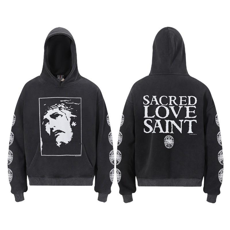 Sweat à capuche imprimé Ange Saint Michel Hommes Femmes Streetwear Américain Sweat-shirt à enfiler délavé Coupe décontractée ample
