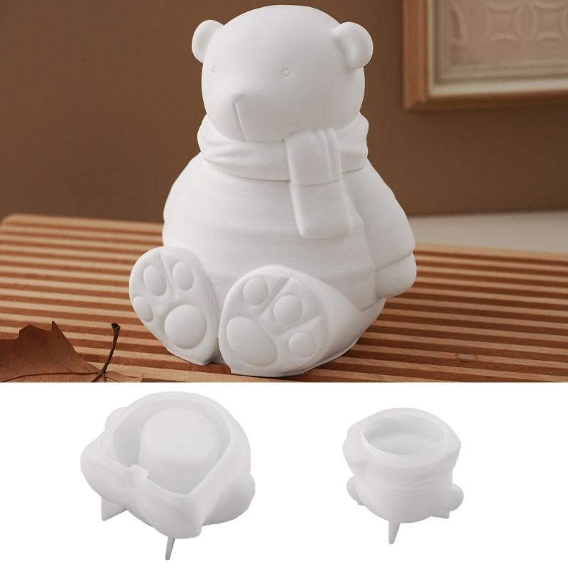 Bear Statue Resin Jar Molds Candle Cup Silicone Mould with Lid for Making Candle Container Chocolate Holiday Decoration