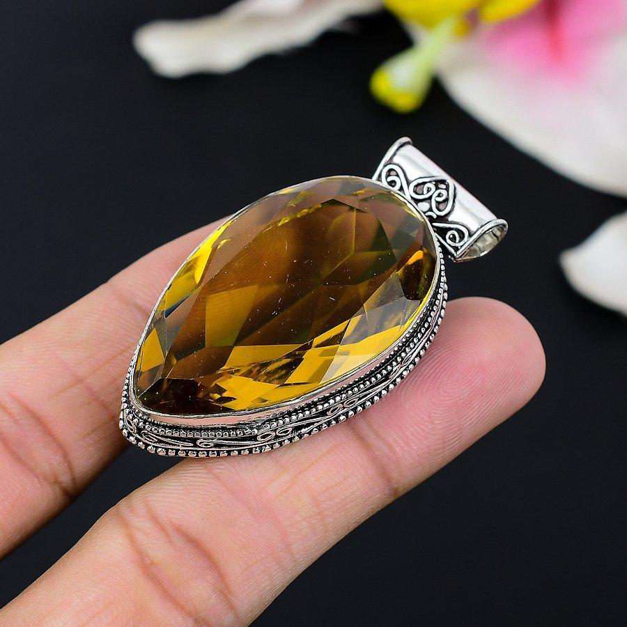 Citrine Gemstone Handmade 925 Sterling Silver Jewelry Pendant 2.56" KG-110
