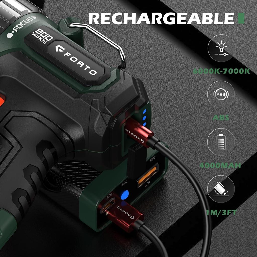 FORTO Compact Rechargeable for Power Evacuation Wide Angle with Up to 823m Beam Two Brightness Levels and Three Flashing Outdoor Night Green Light,