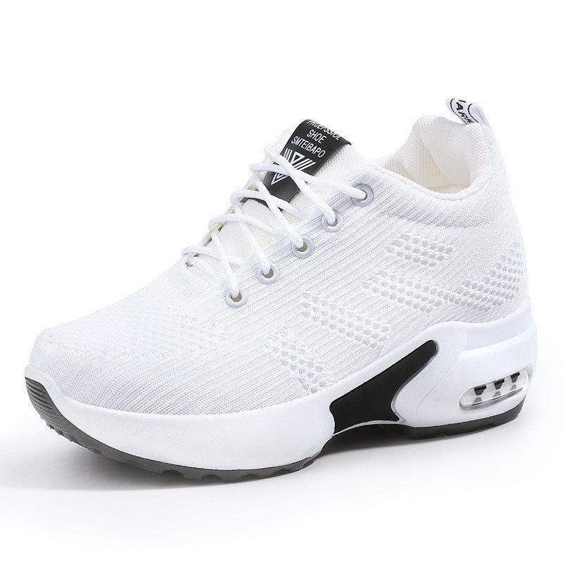 Trendige Weiße Damen-Schuhe zur Größensteigerung, Obermaterial aus Fly-Knit-Mesh, Dicke Sohle, Bequeme & Vielseitige Freizeitsneakers