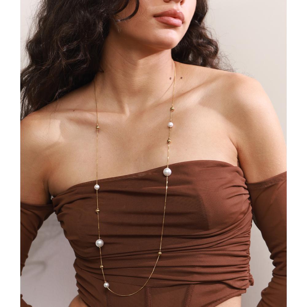 Yhpup 92+5cm Double-Layer Chain Overlay Necklace Stainless Steel 4-Season Jewelry Sweater Chain Accessories Simulated Pearls