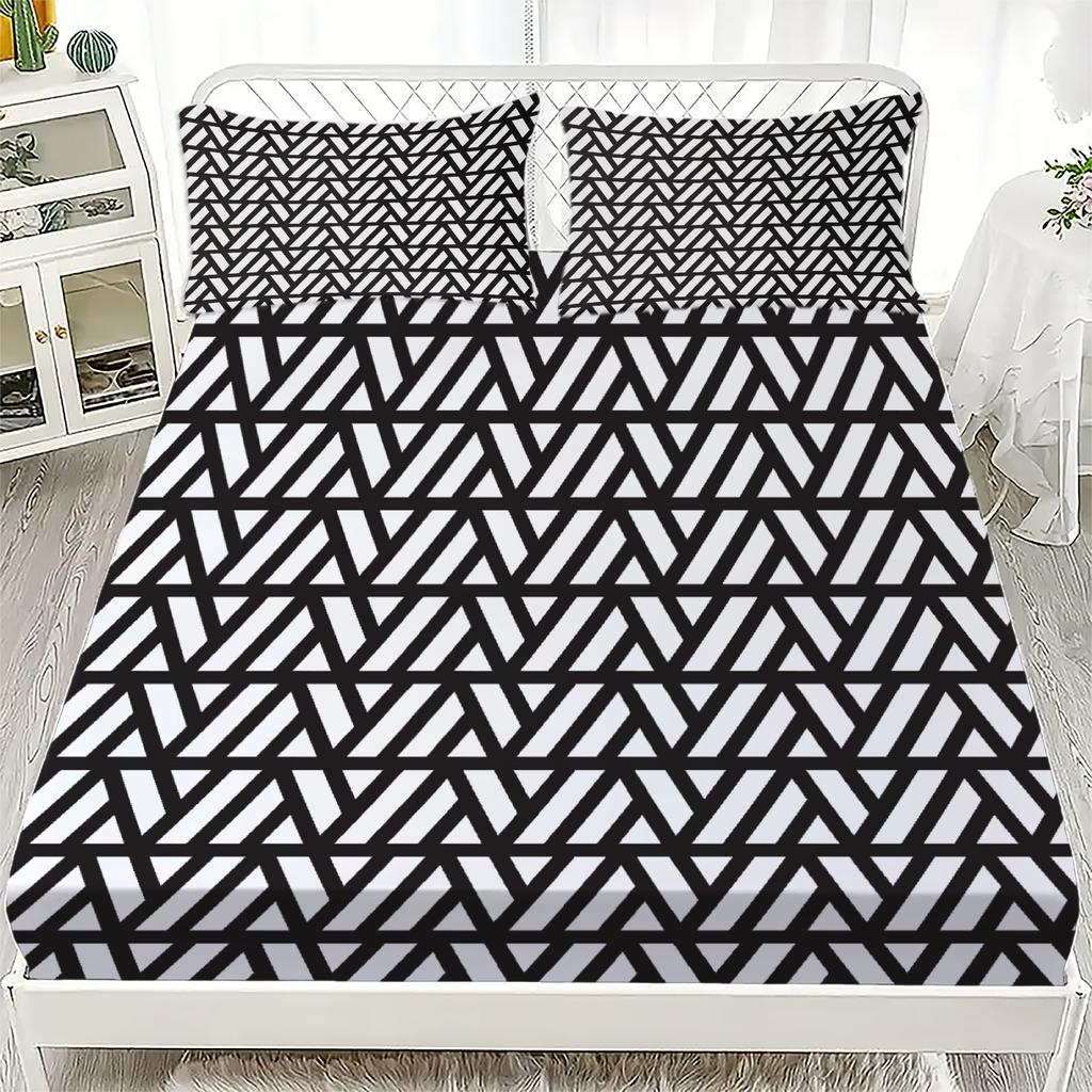 1pc Black White Fitted Sheet Geometry 3D Printed Linear Nordic Style 100% Polyester Flat Sheet Room Decoration For Adult Teen