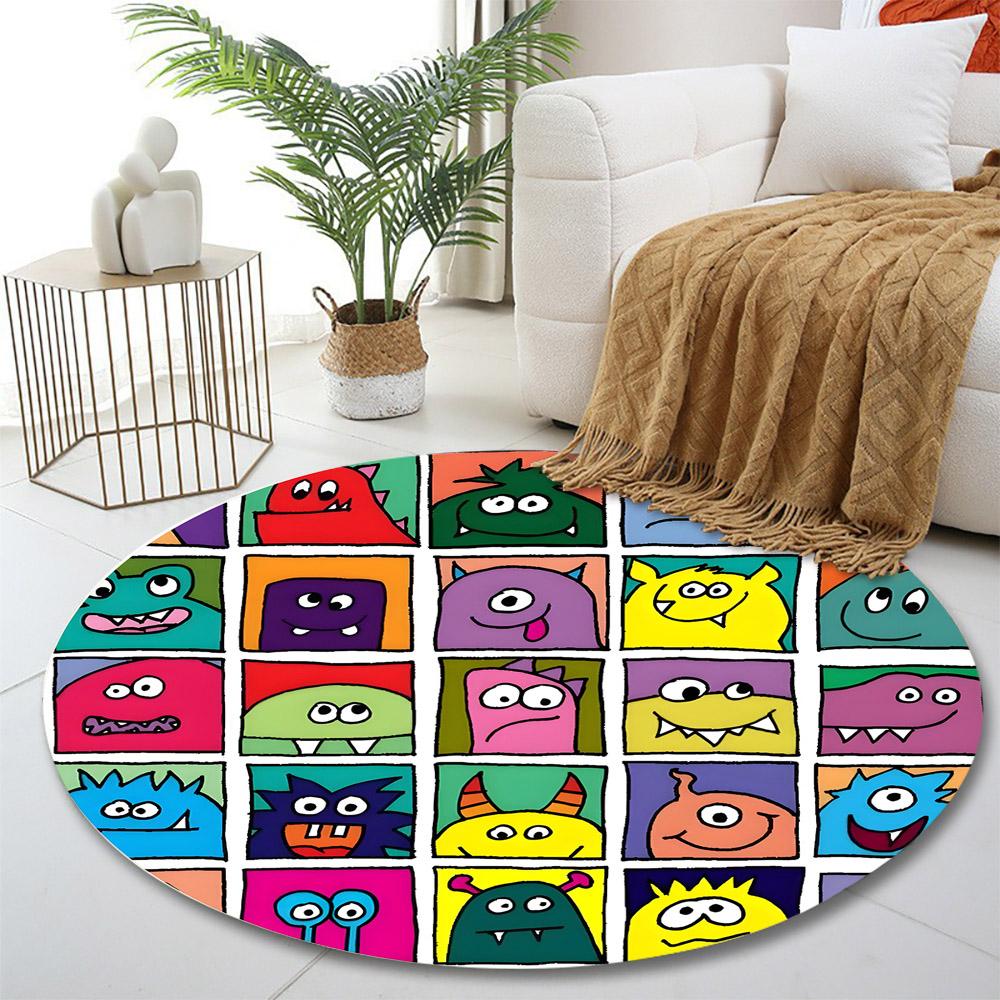 Colorful Cartoon Monster Faces Pattern Print round rug, living room, bedroom, playroom carpet, non slip floor mat, gift