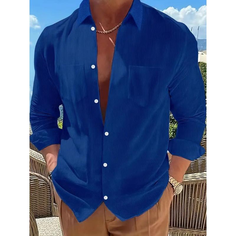 

Весна Осень Мужская Рубашка С Длинным Рукавом Модные Однотонные Топы С Карманом На Лацкане На Пуговицах S королевский синий