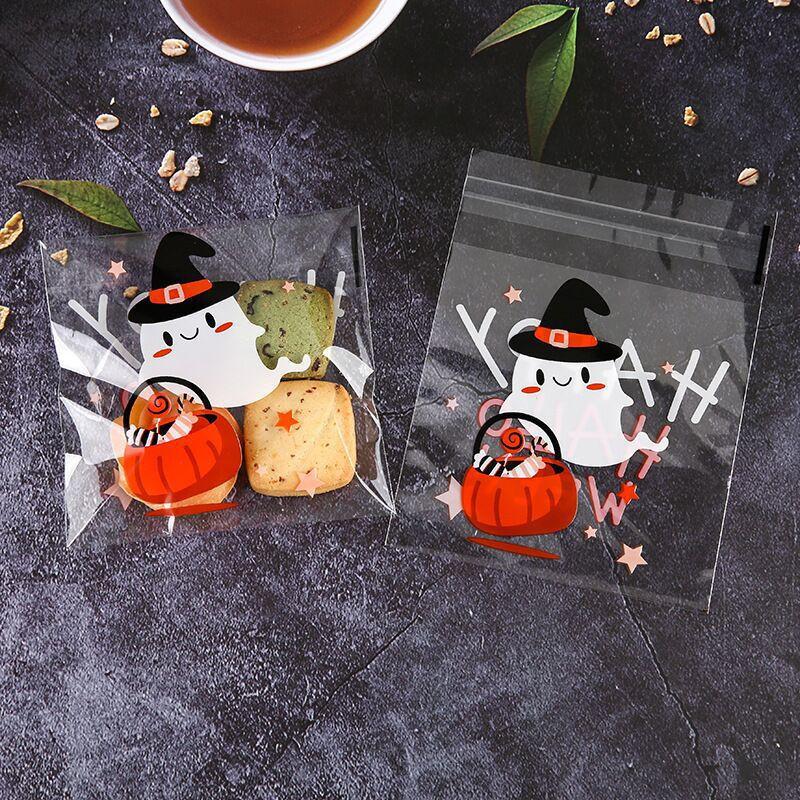 100Pcs 10x10cm Halloween Series Printed Pumpkin Ghost Candy Baking Cookie Self-Adhesive Party Gift Packaging Bags