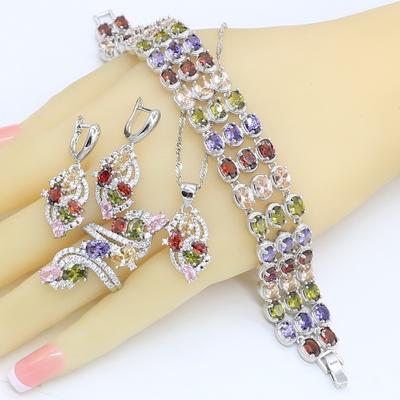 Klassieke Kleur Sieradensets Voor Vrouwen Veelkleurige Zirkonia Ketting Hanger Oorbellen Ring Armband Huwelijksgeschenk