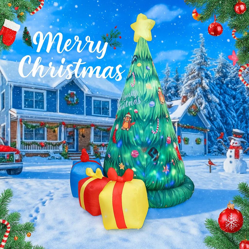 7.87FT Outdoor Inflatable Toy Christmas Tree Gift Boxes With LED Lights Xmas Party Lawn Decorations Yard Supplies Holiday Gifts