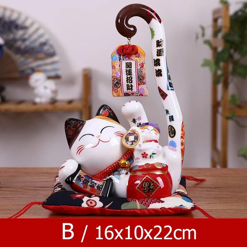 8.6 inch Ceramic Lucky Cat Money Box Coin Bank Japanese Long Tail Fortune Cat Feng Shui Home Decoration Wedding Gift