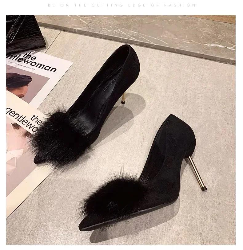 

Женские туфли-лодочки с острым носком на тонком каблуке, черные, сексуальные, меховые, зимние, женская обувь, свадебные туфли, невеста, tacones mujer 41