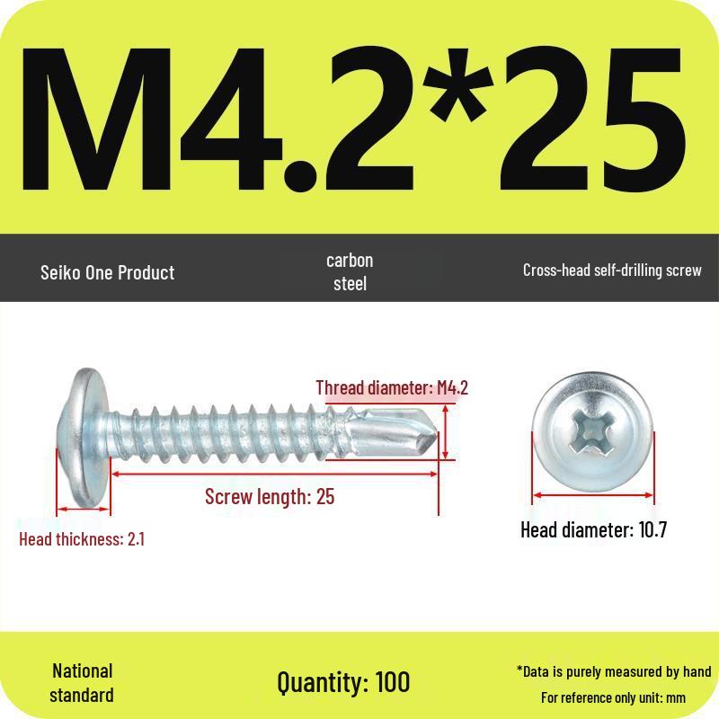 Galvanized Carbon Steel Cross-Head Round Screw with Washer, Flat Head, Self-Tapping & Self-Drilling Fishtail Design