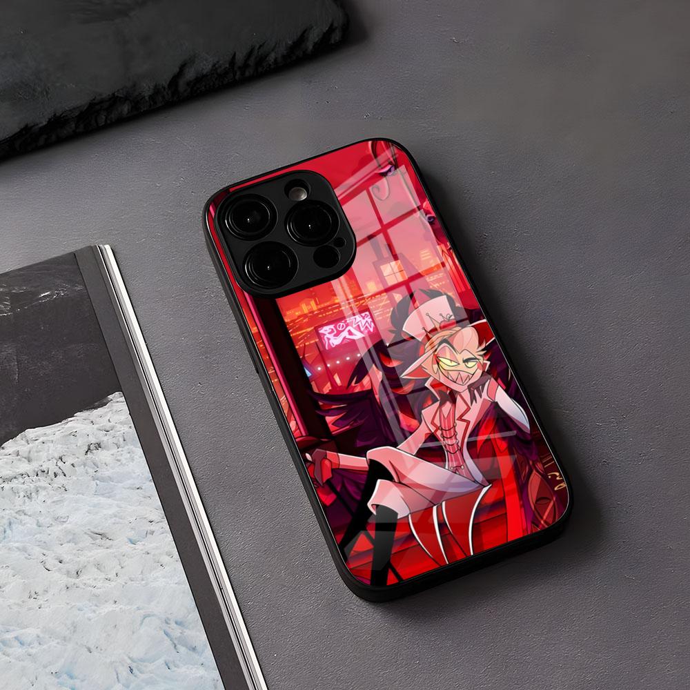 H-Hazbins-Hotels Handyhülle für iPhone 17 Air, 16 E Pro Max, 15, 14, 13 Mini, 12 Pro, 11 Max Plus – Schwarze Glasabdeckung