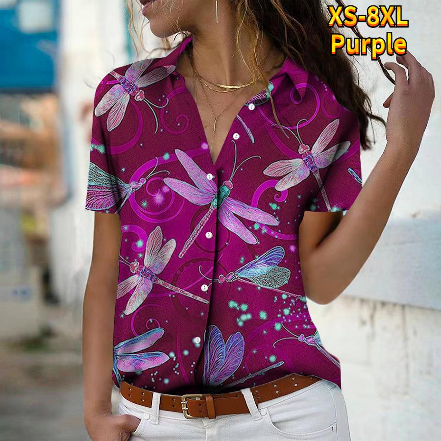 2025 Léto Nová Móda Dámská Květinová Krátký Rukáv Výstřih do V Ležérní Halenka s Knoflíky