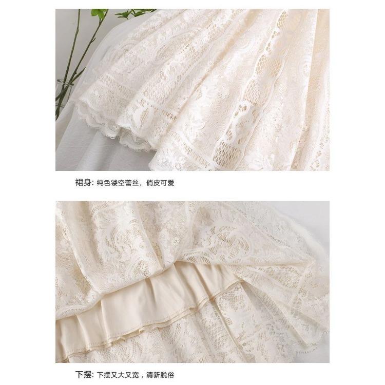 Saia Midi Evasê de Renda Bordada Jacquard Feminina Primavera Cintura Alta Saia de Temperamento de Comprimento Médio