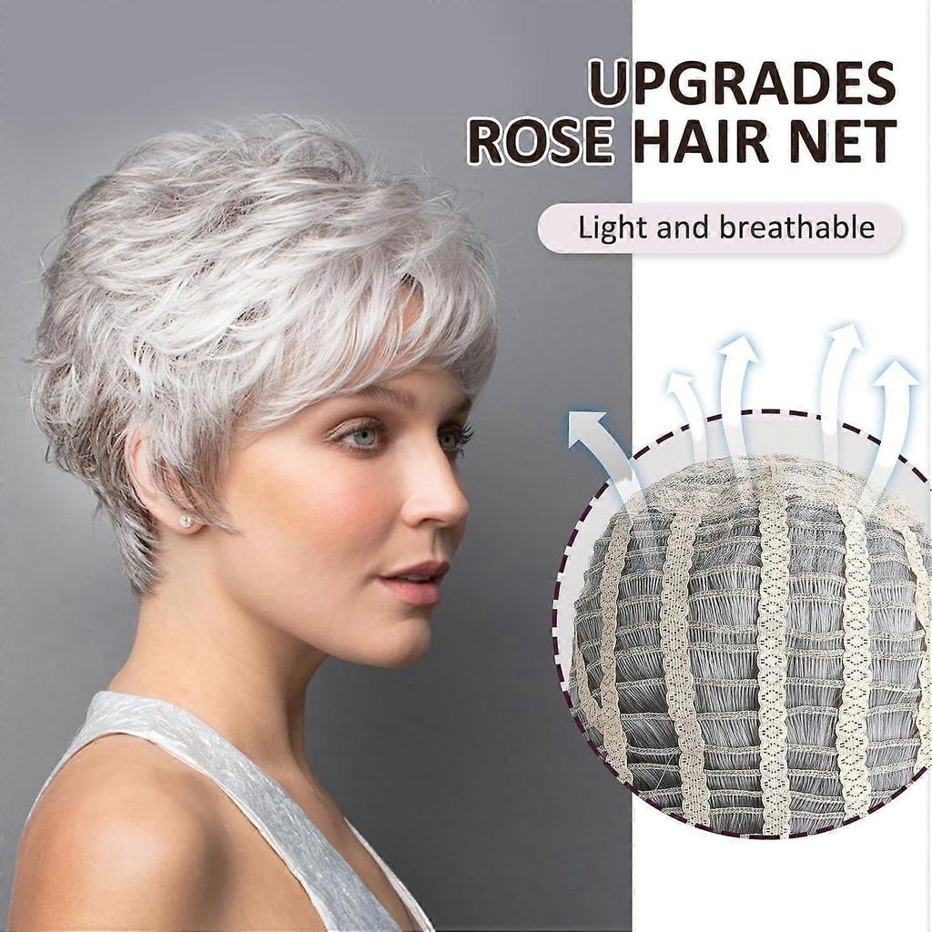 Short Grey Wigs for Older Women Layered Curly Grey Wig with Side Part Bangs
