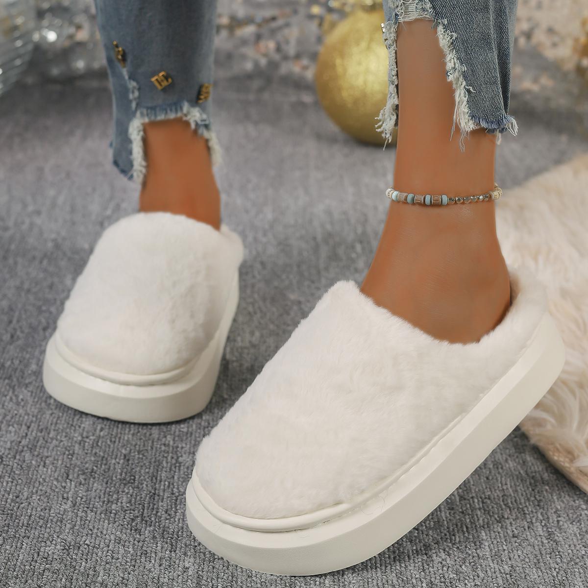 

Модные домашние теплые тапочки для женщин, зимние мягкие плюшевые тапочки для женской спальни, пушистые туфли из хлопковой шерсти на толстой подошве 42 белый