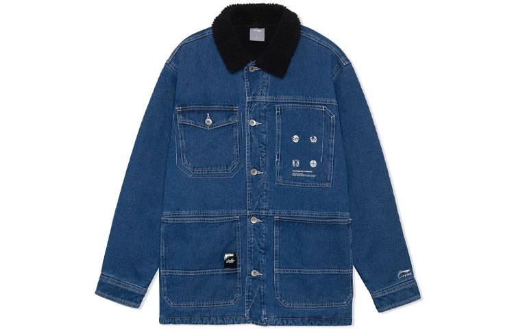 Li Ning Skateboard Casual Thermal Fleece Lined Washed Denim Jacket Men s Blue AJDR415-1 L