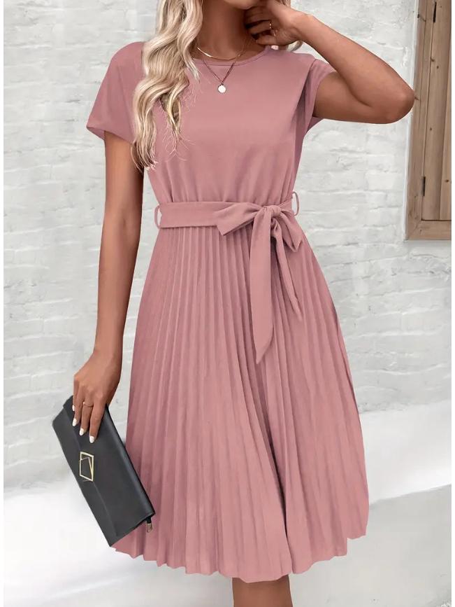 

Women s 2025 European and American Summer Lace-Up Pleated Dress - Solid Color. Large рожевий