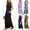 Europe, America 2026 Summer Round Neck Casual Loose Split Fork Solid Color Long Beach Dress