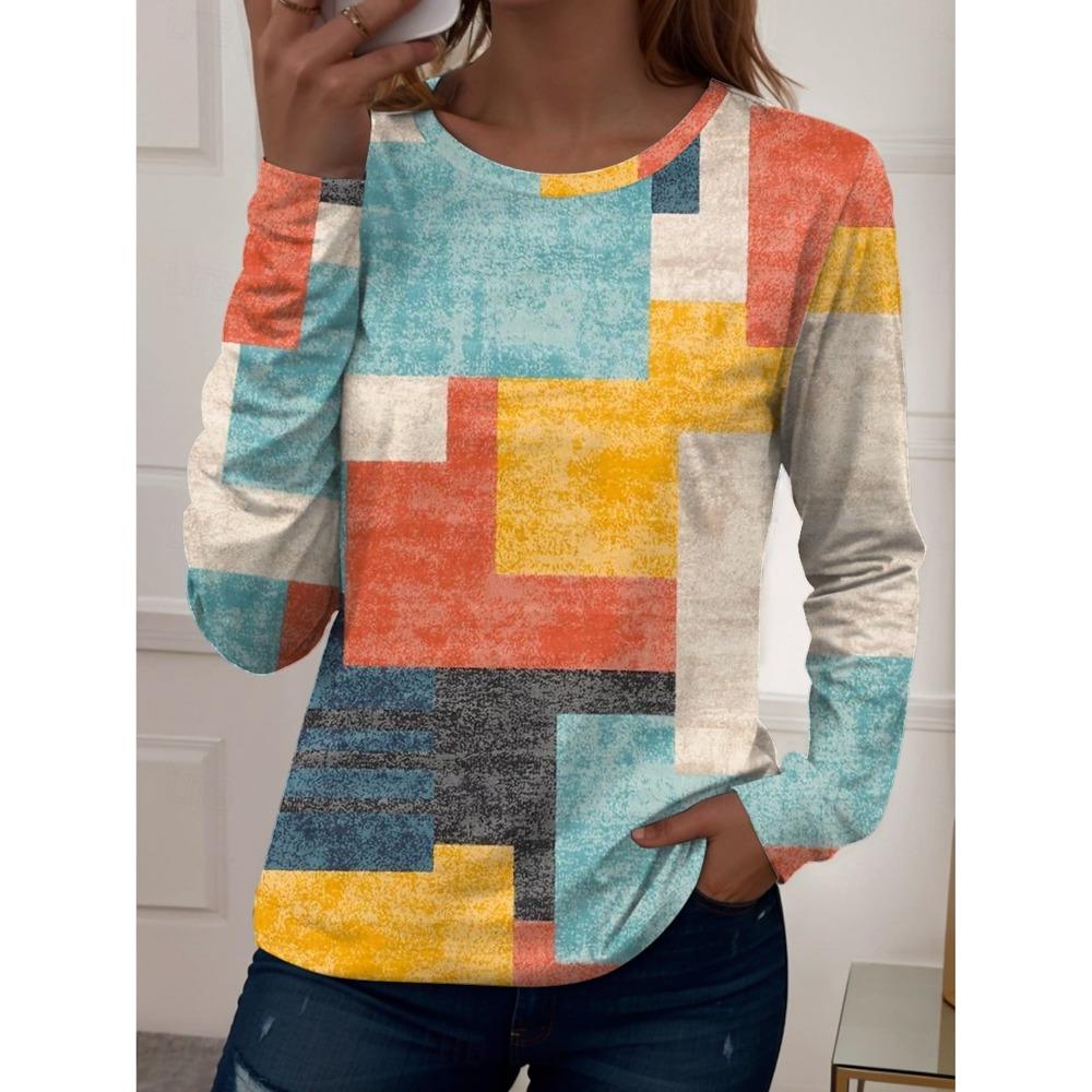 Women's T-Shirts Graphic Geometric Tees Fashion Stylish Long Sleeve T-shirts O-Neck Regular Tops Summer Casual Pullover