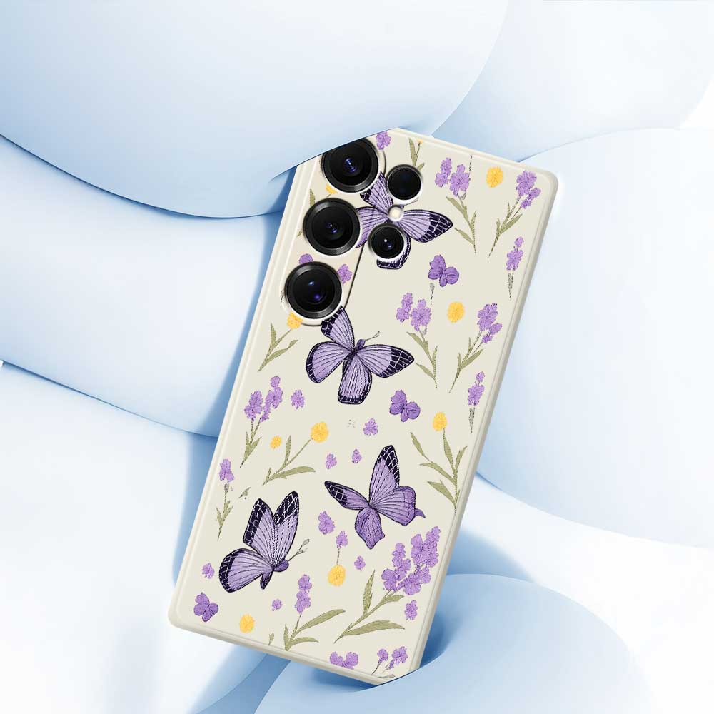 Für Samsung Galaxy S25 Ultra Hülle Lila Schmetterlinge Musterdruck Gerade Kante TPU Handy-Rückseite