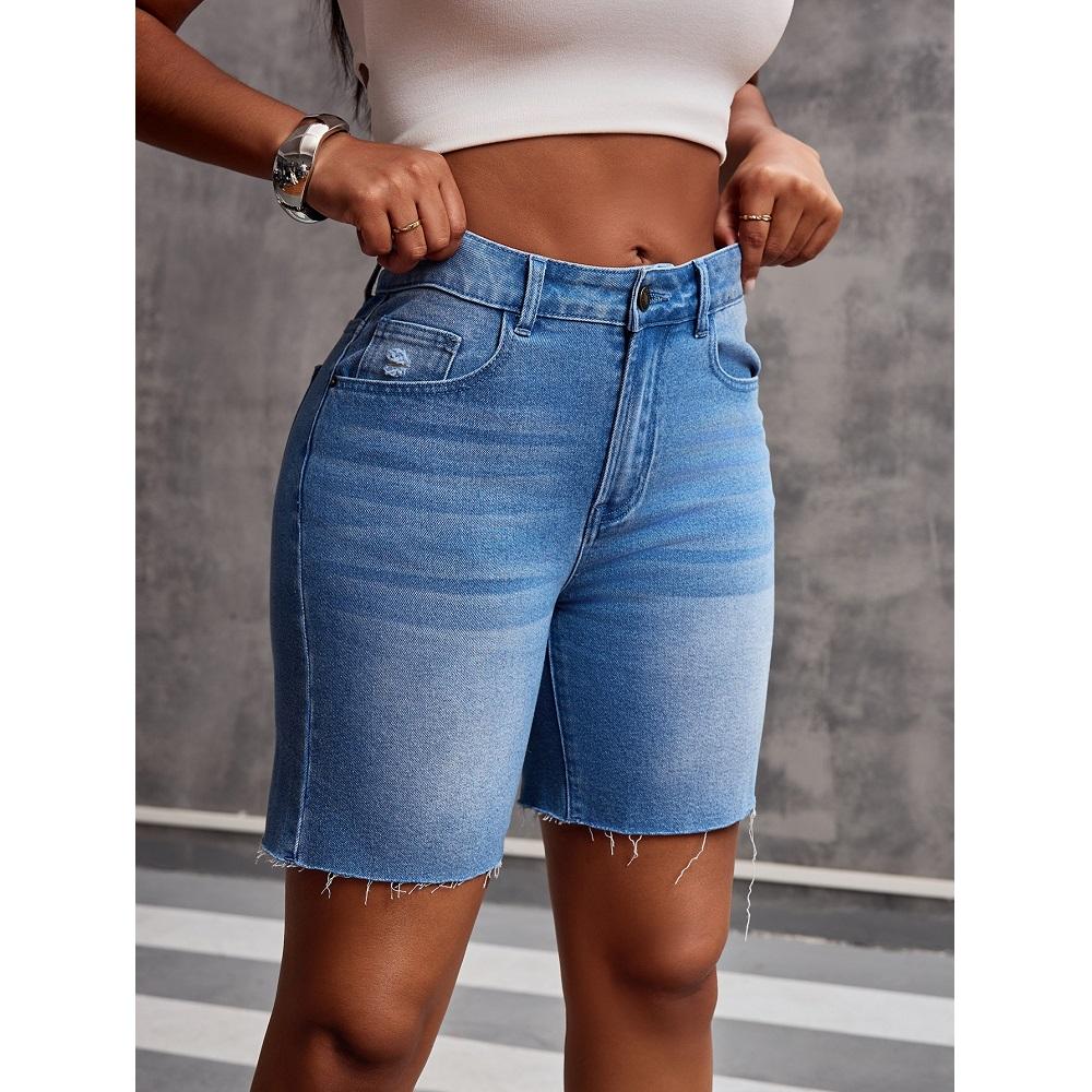 Women Summer Denim Shorts High Waist Solid Color Pockets Jean Short Pants
