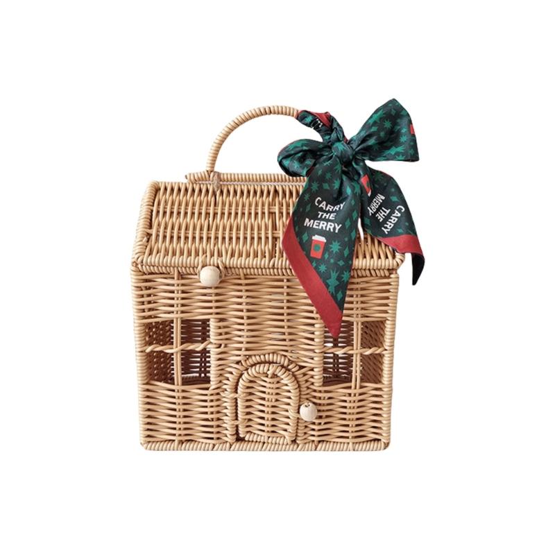 Valigia Scatola Decorativa in Rattan Cesto Intrecciato a Mano in Plastica a Forma di Casa con Manico Sacchetto per Confezionare Regali per Festival
