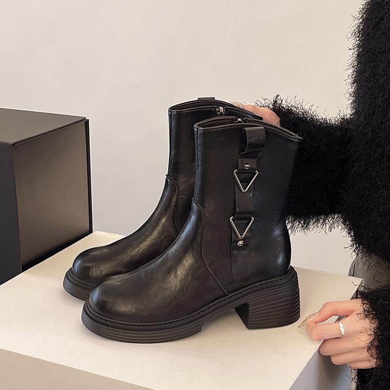 2025 Women's Fashion Boots Round Toe Square Heel Side Zipper Two Wear Women Boots Retro All-match Spring and Autumn Single Boots