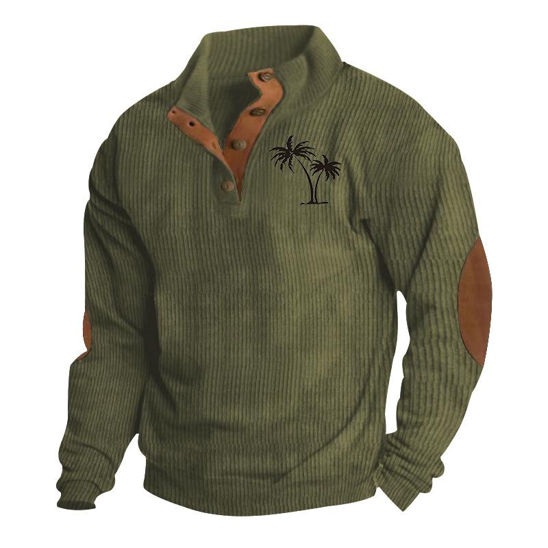 Autumn/Winter Men's Coconut Tree Print Casual Stand-Up Collar Long-Sleeved T-Shirt with Ribbed Corduroy Hoodie