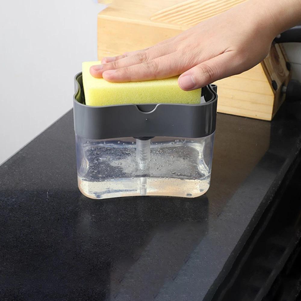 1 for Household Kitchen 2 In 1 Pressing Soap Liquid Box, Easy To Replenish, Durable, for Sponge, Dish Cloth, Pot Brush, Black