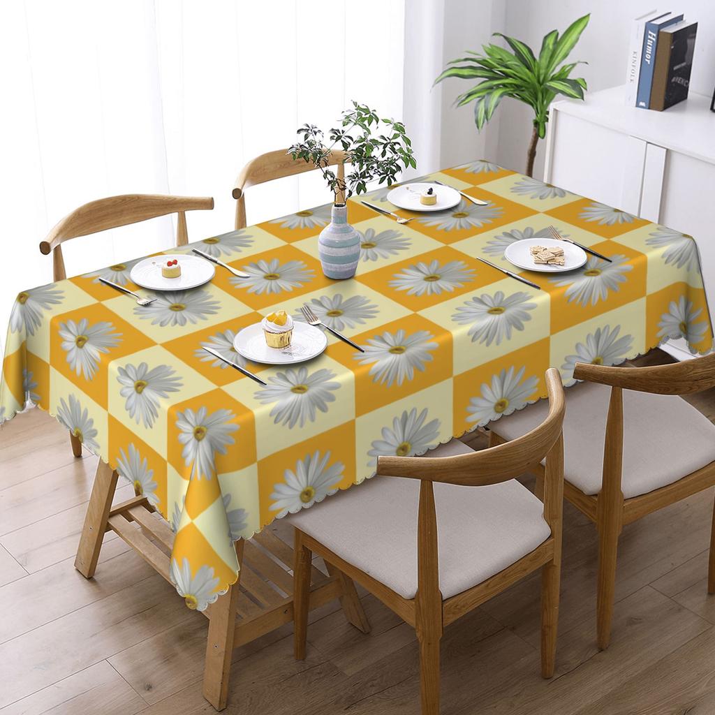 Daisy Checkered Sunflowe Tablecloth Rectangular Oilproof With White Flowers Table Cover Cloth for Party
