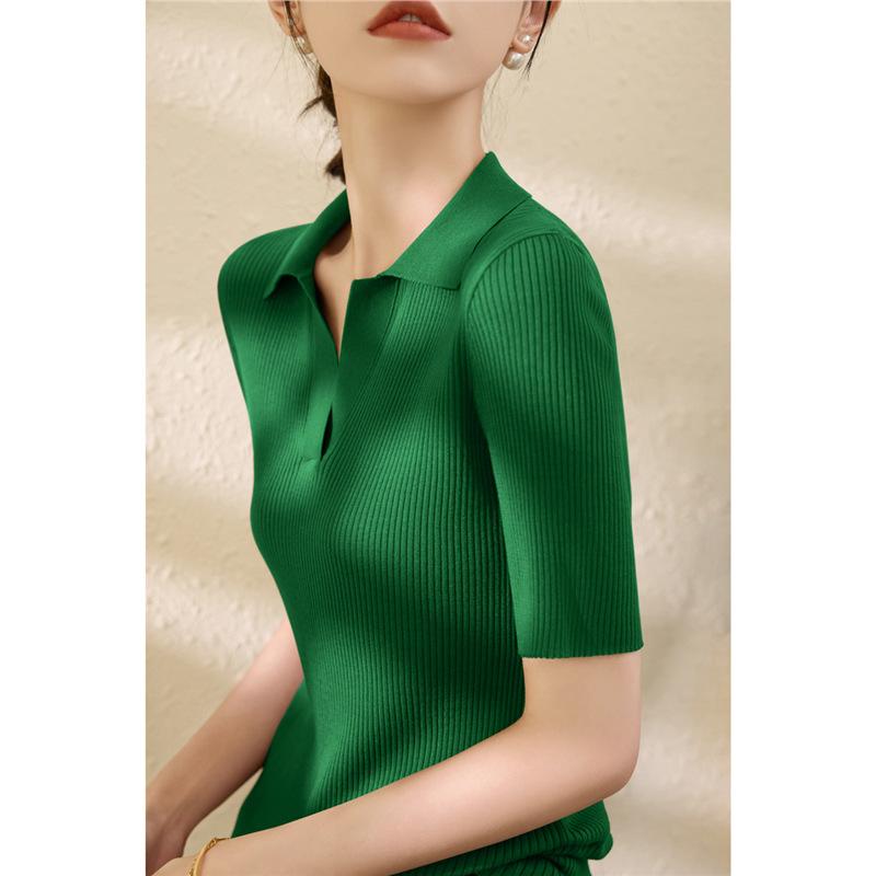 Women Summer Tencel Ribbed Slim Knit Top Thin Puff‑V Polo Collar Short Sleeve Ice Silk Blouse