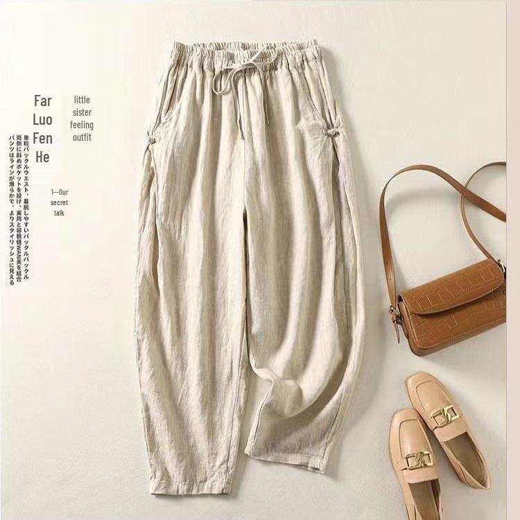 High Waist Retro Frog Button Cotton Harem Pants - Lightweight, Elastic, Tie Waist, Loose Fit for Spring/Summer