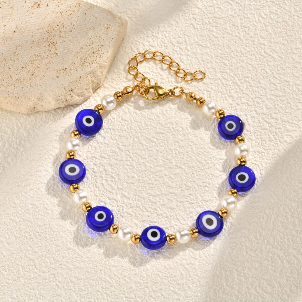 Imitation Pearl Lucky Blue Evil Eye Bracelet for Women, Stainless Steel Adjustable Beads Bracelet, Birthday Party Jewelry Gifts