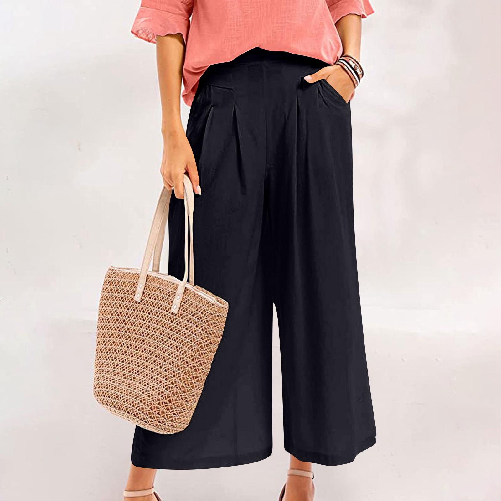 Women s Casual, Stylish, Loose-fitting, High-waisted, Cropped Cotton-linen Wide-leg Culottes M чёрный