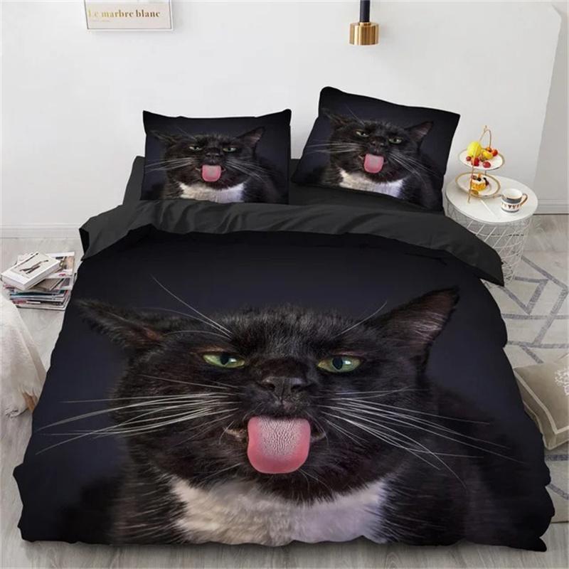 3D Katze Bettwäscheset Luxus Tier Bettbezug mit Kissenbezug Queen King Einzel Doppelgröße für Mädchen Junge Polyester Steppdecke