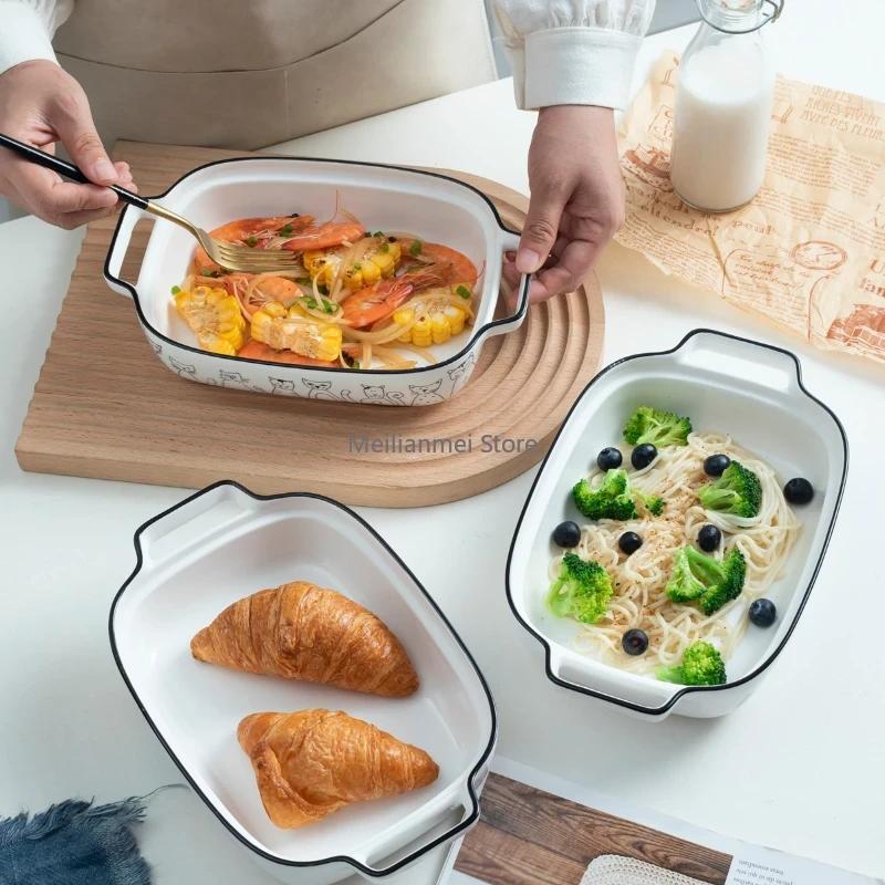Baked Plate with Lid Cheese Baked Rice Bowl Ceramic Double Ear Baked Bowl, Microwave Oven, Oven Plate, Household Vegetable Plate
