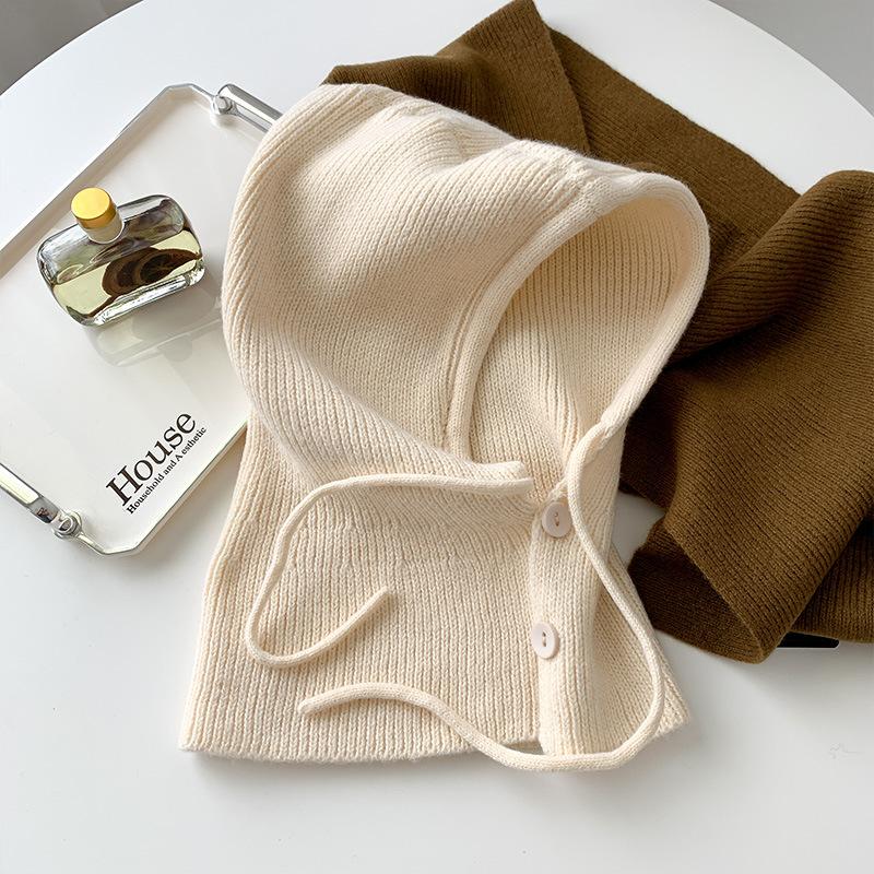 Korean balaclava hat for women, winter warm hat with integrated neck warmer, couple's style, ear protection, knitted wool hat